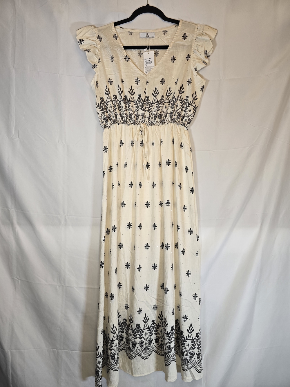 Off White & Black Floral Print Maxi Dress with Rhinestones